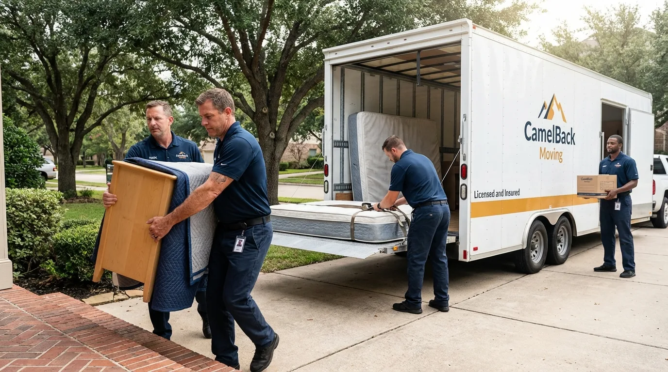 Crew loading residential truck for cross-state move from Greenville, CA
